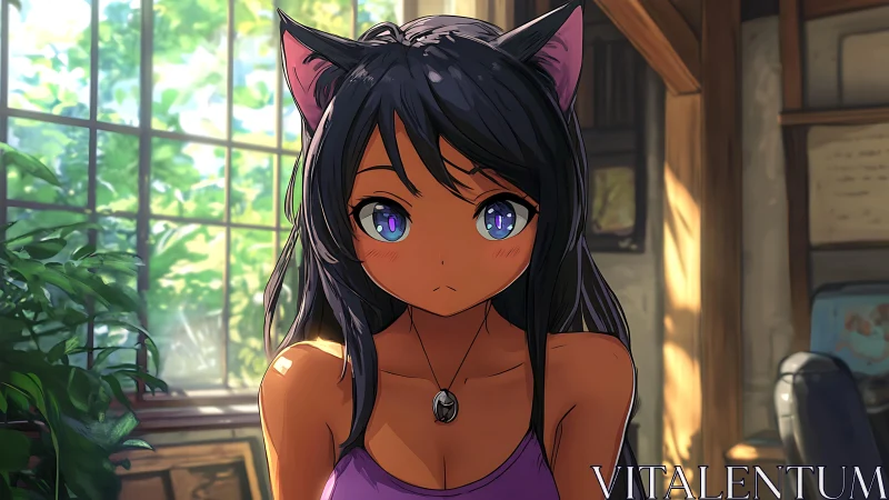 Cat-eared anime girl gazes softly in warm studio light