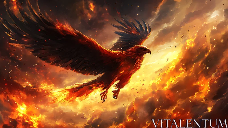 Majestic Phoenix Soaring in Fiery Skies, Digital Fantasy Art.