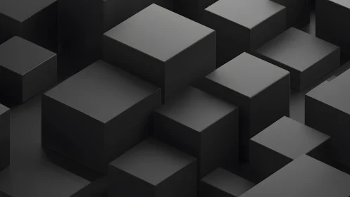 Quiet black cubes rise gently in a calm geometric city