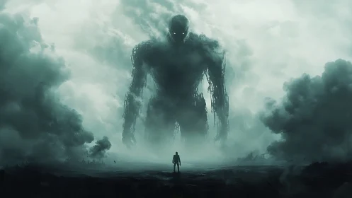 Monolithic fog-giant emerging over lone human observer.