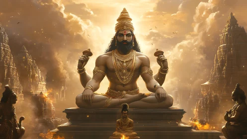 Majestic golden deity meditates above radiant temple realm