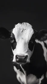 Black and white cow portrait on uniform dark background.