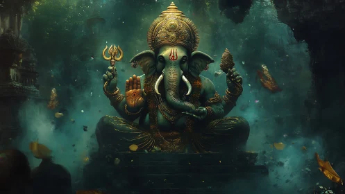 Mystic elephant deity resting in a glowing forest shrine.