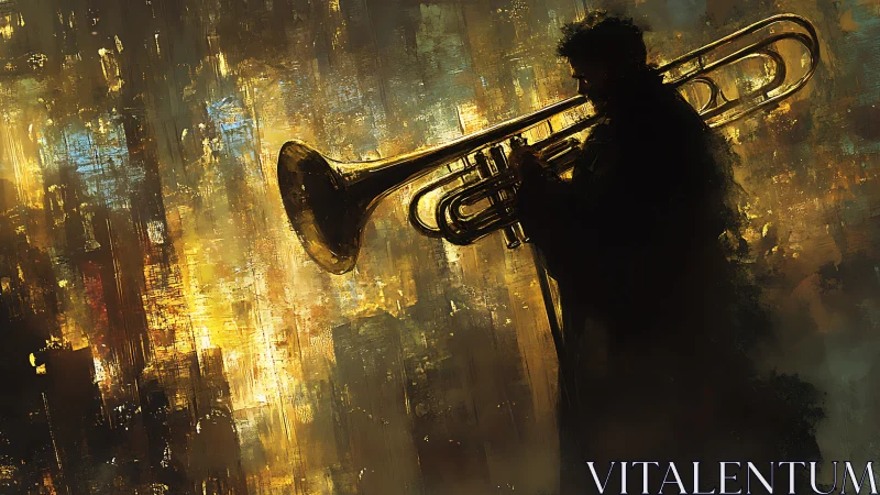 Silhouetted trombone player amid luminous city haze.