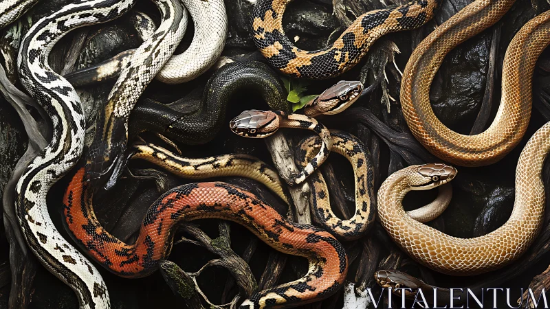 Coiled jungle snakes rest in a rich tangle of roots and bark