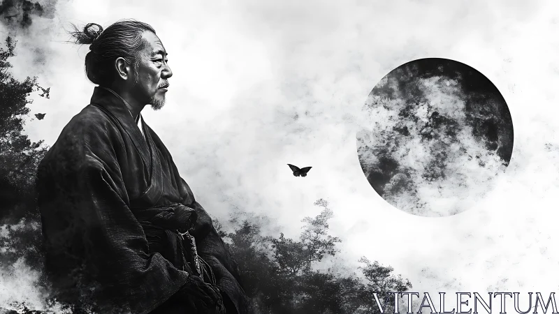 Solitary samurai silhouette under looming eclipse sky.