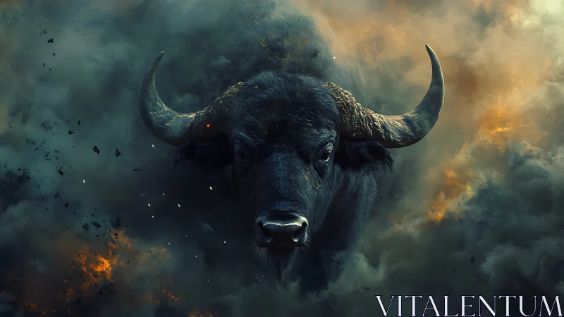 Charging buffalo emerges through volumetric smoky explosion