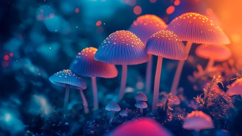 Glowing forest mushrooms create a dreamy neon night scene