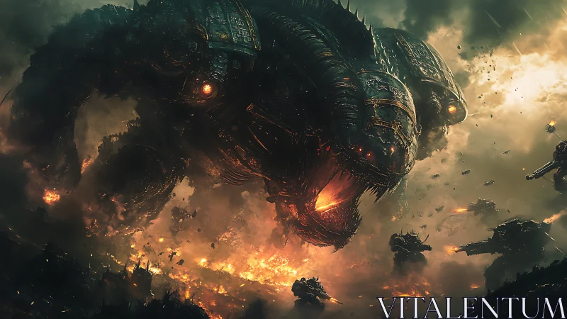 Colossal biomechanical war beast storms a burning battlefield.