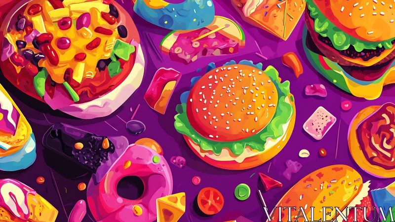 Vibrant neon fast food spread in bold pop stylization.
