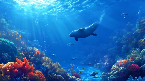 Sunlit seal glides through vibrant coral reef canyon seascape