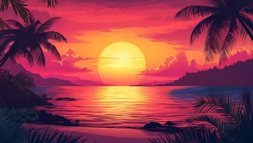 Digital painting seascape with tropical silhouettes at sunset.