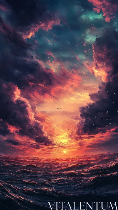 Storm-torn seascape under blazing cinematic sunset sky.