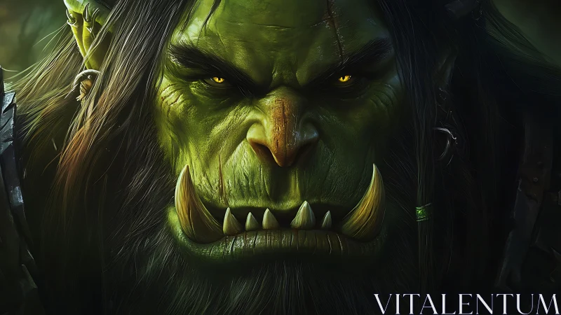 Battle-scarred orc warlord glares forward with burning resolve