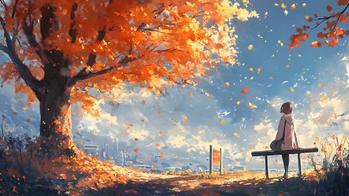 Autumn city overlook with solitary figure under blazing maple.