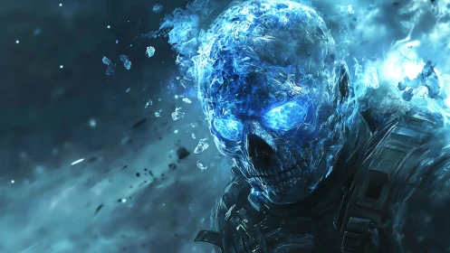 Frozen flame warrior with glowing blue skull and shattered ice.