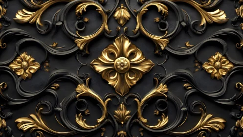Ornate Gold and Black Baroque Patterned Wall Art Design.