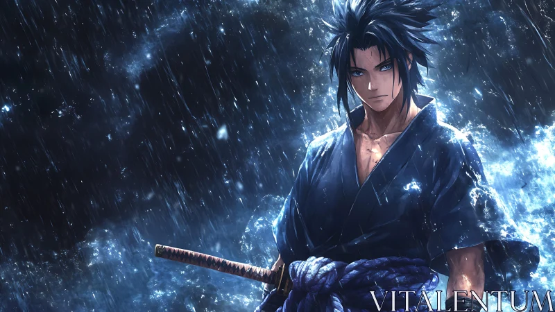 Rain-soaked swordsman with electric blue aura in storm.