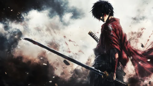 Bloodied anime swordsman stands amid smoky battlefield.