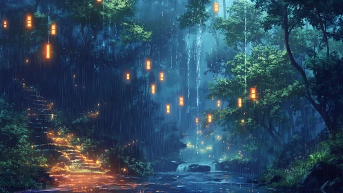 Digital painting of lantern-lit forest cascade in rainfall.