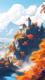 Autumnal cliffside keep above misted river valley panorama.