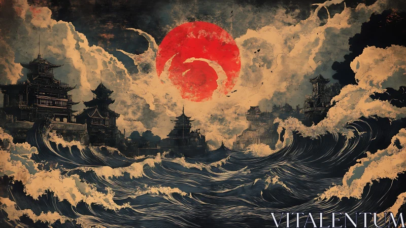 Storm-tossed pagoda coast beneath a searing crimson sun.