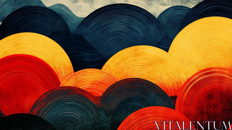 Layered sunbursts ripple across deep indigo hills. Period.