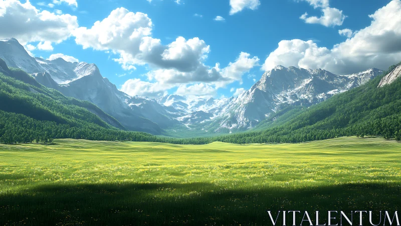 Mountain valley landscape with grassland under clear sky.