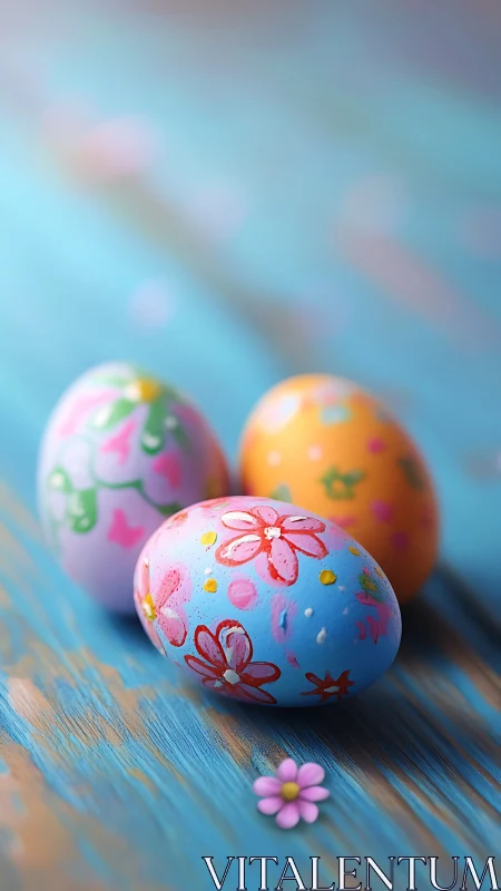 Colorful painted eggs on blue wooden surface in focus.