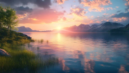 Sunrise over glassy mountain lake with vivid reflections.