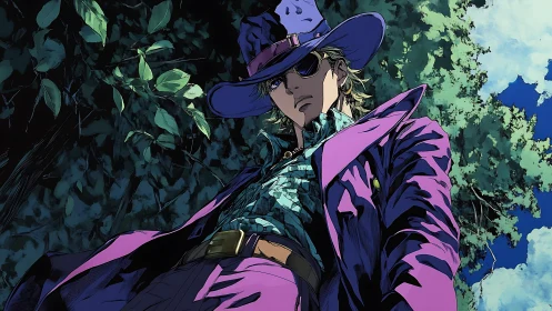 Violet gunslinger tilts the world from a swaggering low angle