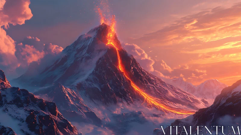 Stratovolcano eruption across glaciated ridge in twilight spectrum.