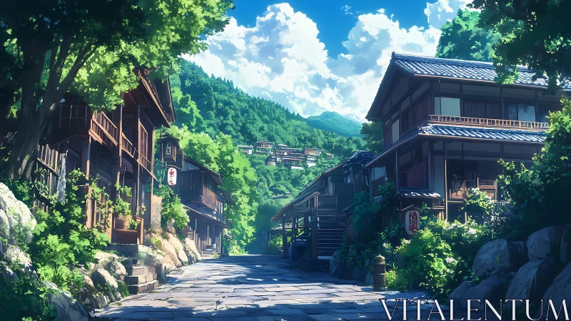 Quiet mountain village street under clear summer sky