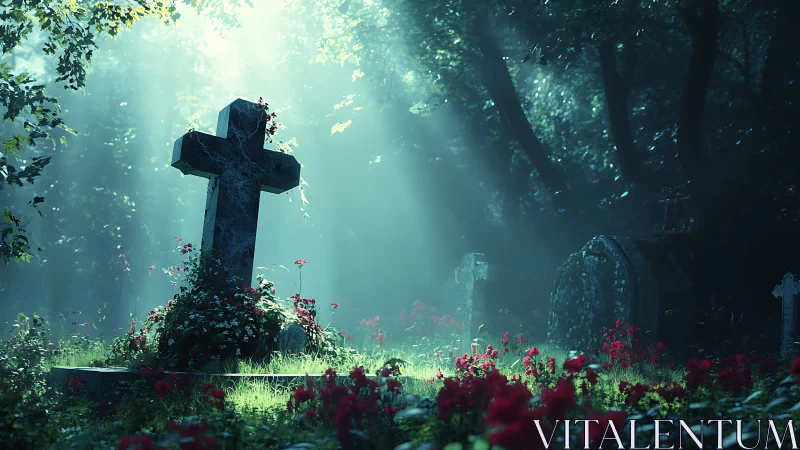 Gravestones breathe in blue dawn as scarlet flowers listen