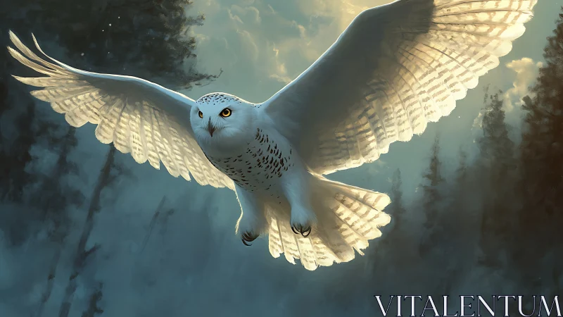 Majestic snowy owl in flight over misty forest at dawn, digital art.