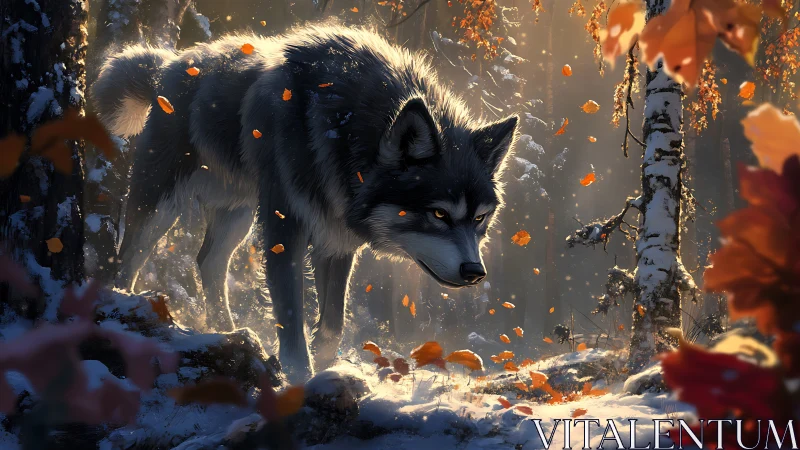 Wolf prowls snowy forest under glowing autumn light.