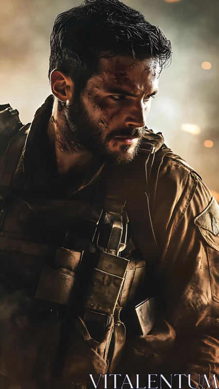 Battle-worn soldier in tactical gear amid smoke and light.