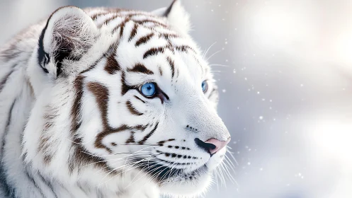 White tiger gazes through falling snow in serene silence.
