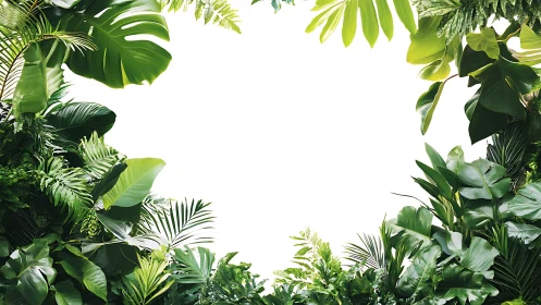 Border of tropical green leaves on clean white background.