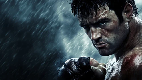 Determined male boxer with bruised face in heavy rain.