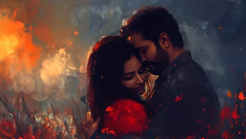 Dramatic Embrace Against Inferno: Oil Painted Romantic Silhouettes