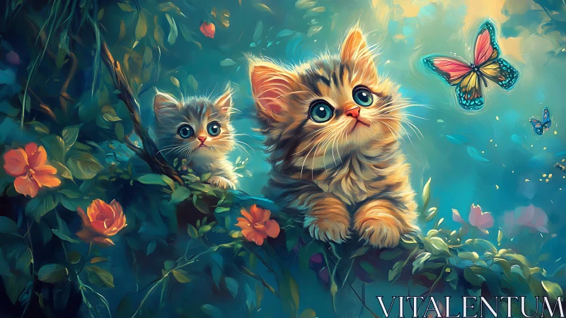 Felid Siblings Among Floral Environment with Lepidopteran Elements.