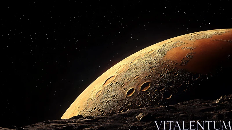 Photorealistic crescent planet with cratered horizon detail.