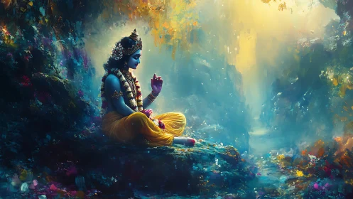 Blue-skinned deity in meditative pose within glowing forest.