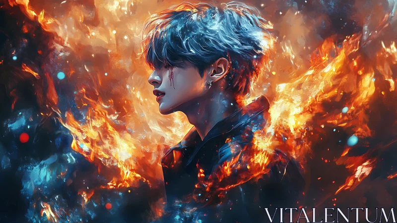 Digital profile portrait with surrounding abstract fire effects.