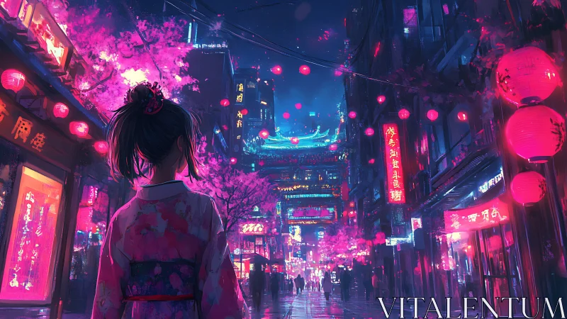Neon blossoms and quiet footsteps in a midnight city street.