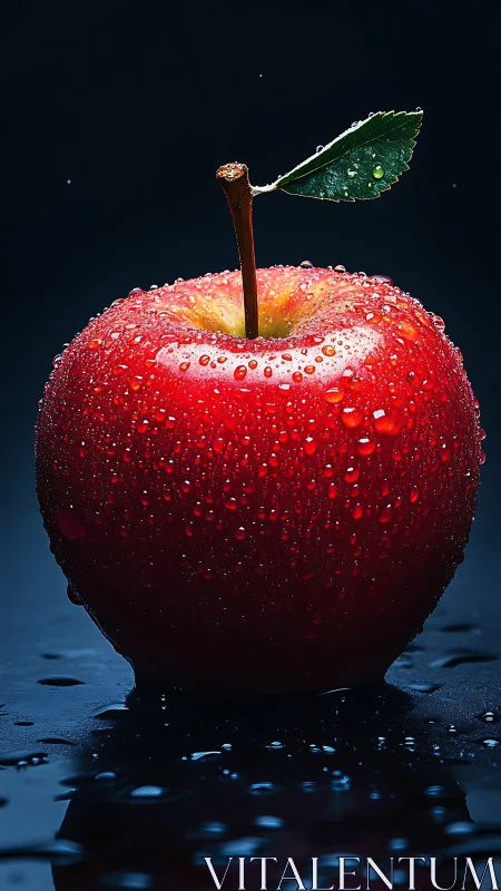 Glistening red apple with dewdrops against a cozy dark glow.