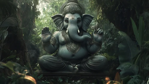 Ganesha statue seated in dense tropical forest setting.