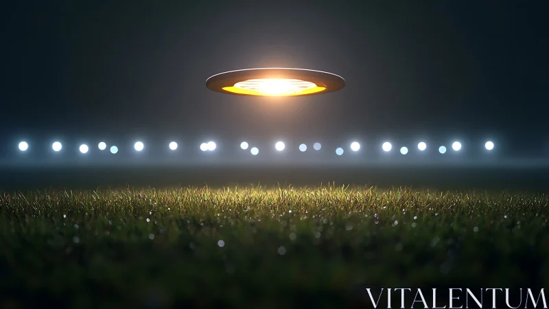 Illuminated disc hovering above wet grass at night field.