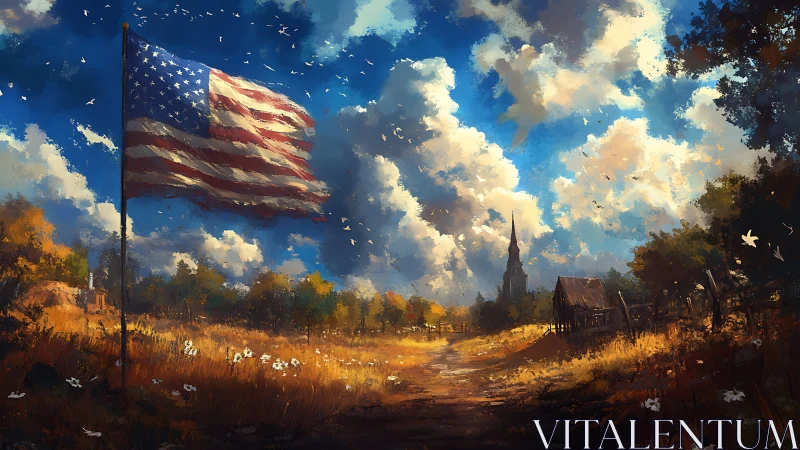 American flag dominates a painterly rural landscape under cumulus